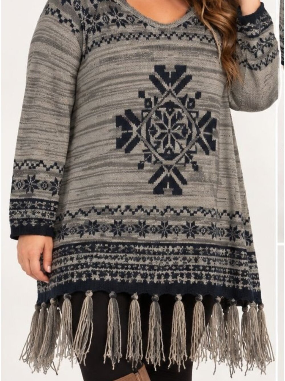 Say What USA Women 1X Nordic Fringe Sweater Tunic Fair Isle Cabincore Western